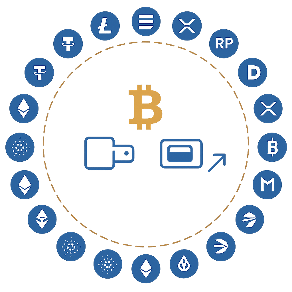 The bitcoin logo is surrounded by different types of coins.