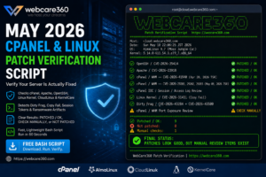 WebCare360 May 2026 cPanel and Linux patch verification tool showing server security checks, terminal output, and protected hosting infrastructure.