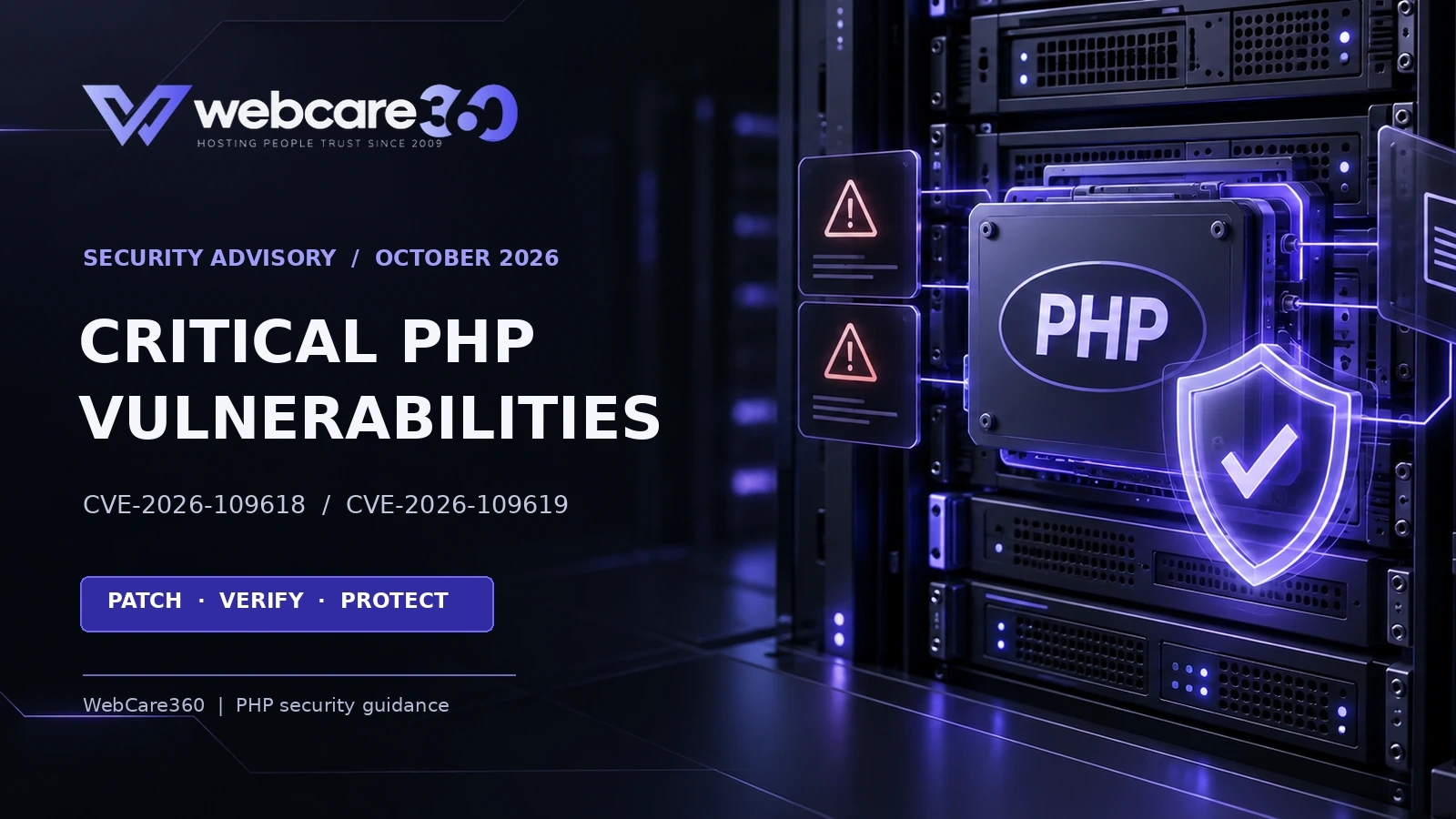 WebCare360 security advisory showing critical PHP vulnerabilities CVE-2026-109618 and CVE-2026-109619 with a protected server. WebCare360 security advisory showing critical PHP vulnerabilities CVE-2026-109618 and CVE-2026-109619 with a protected server.