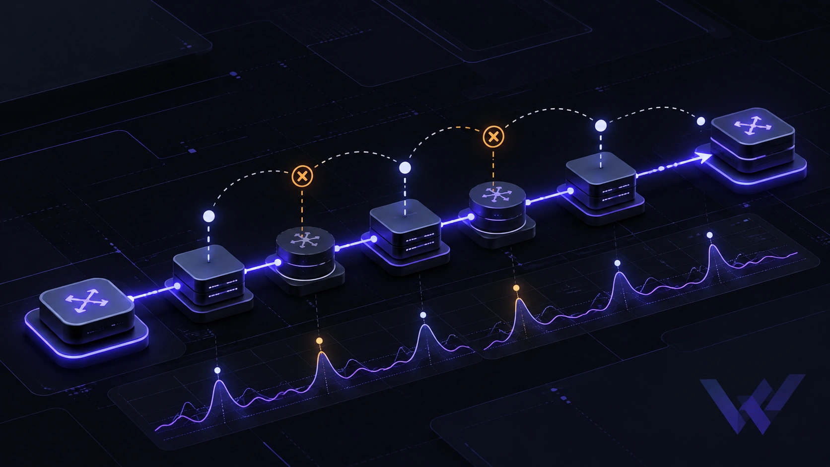 Network routing illustration showing hop-by-hop diagnostics, latency graphs and packet-loss indicators Network routing illustration showing hop-by-hop diagnostics, latency graphs and packet-loss indicators